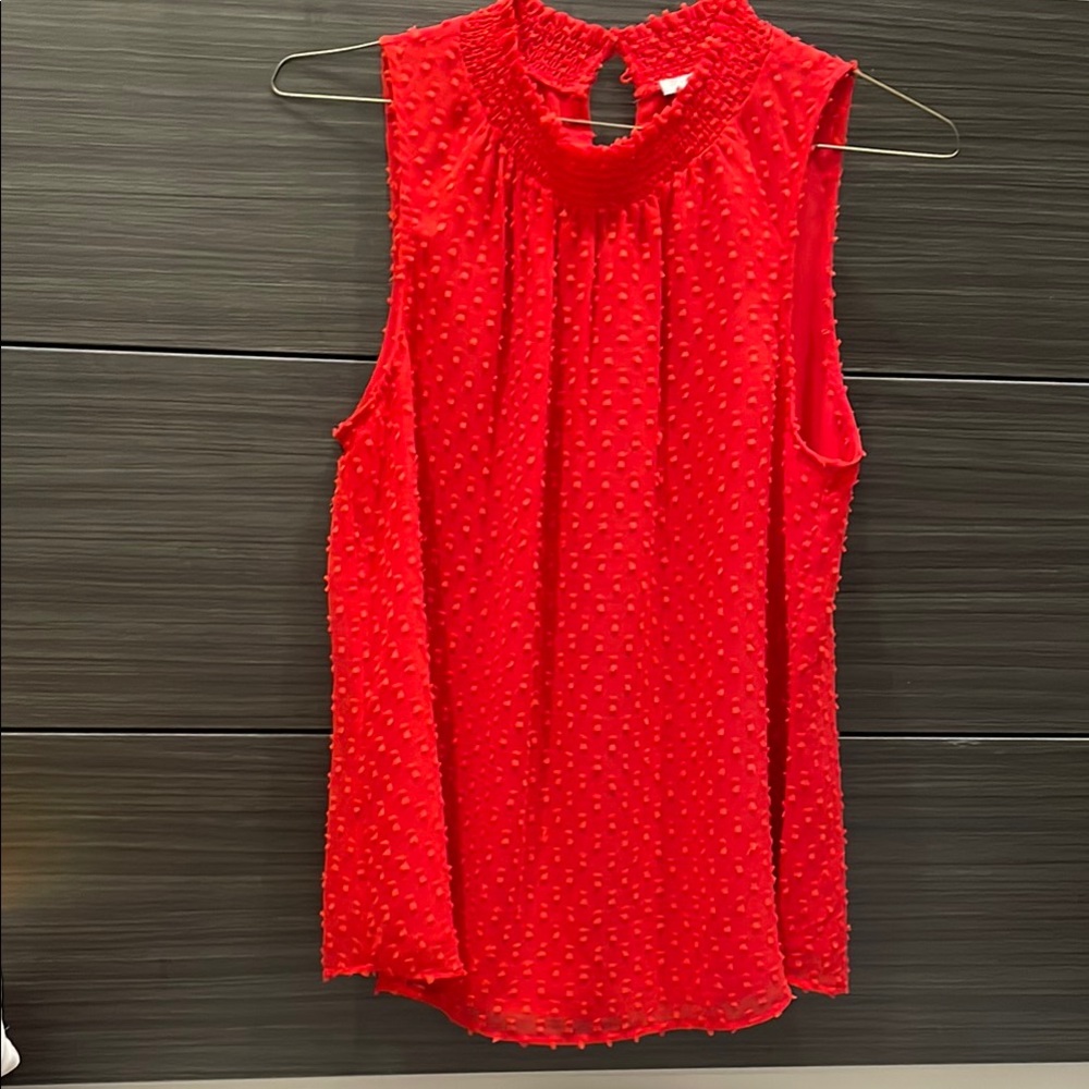 Daniel Rainn Red Sleeveless Pleated Blouse with Mandarin Collar